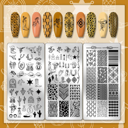 Close up view of cowboy boots and hat stencils on reusable metal manicure plates.
