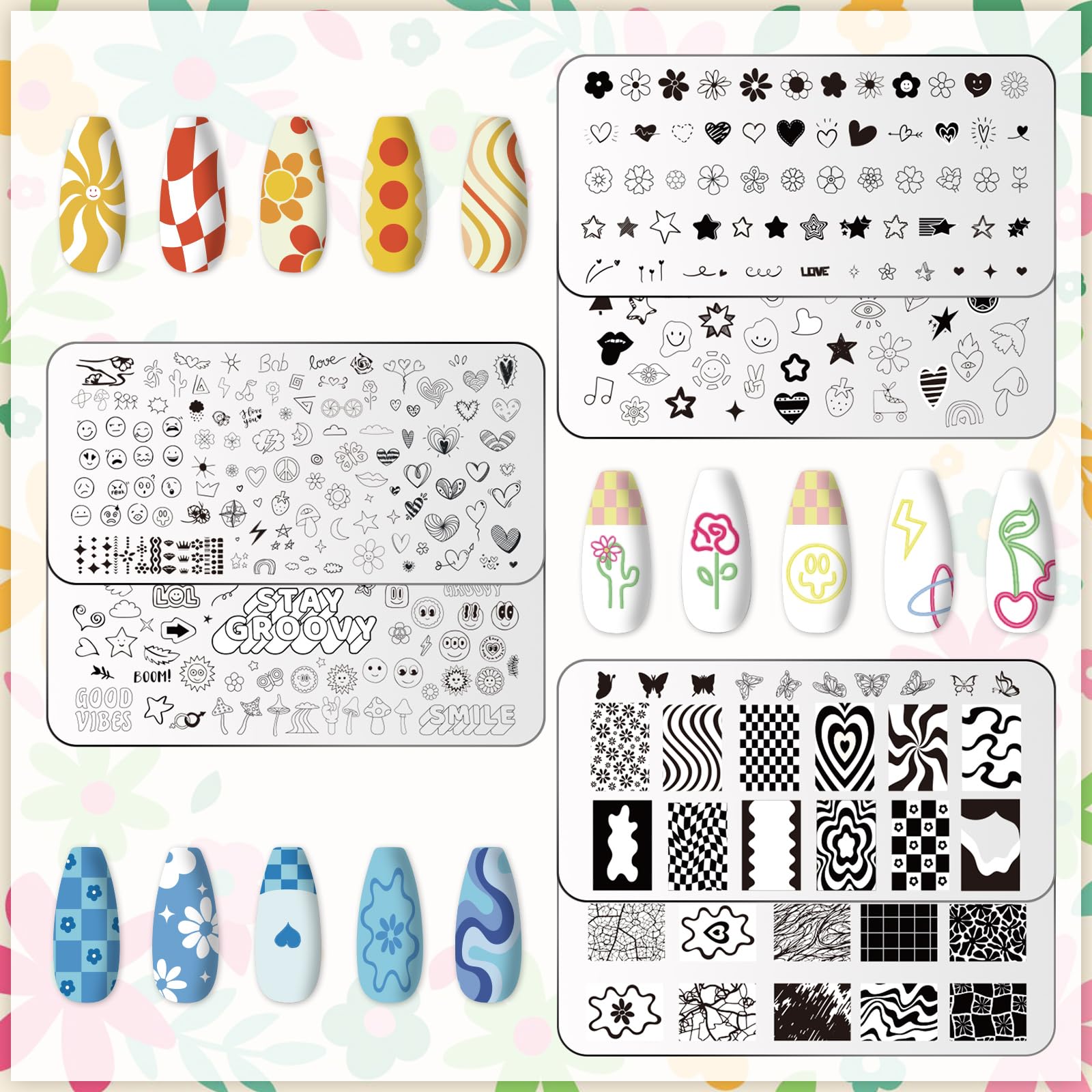 Whaline nail art templates with heart and star designs