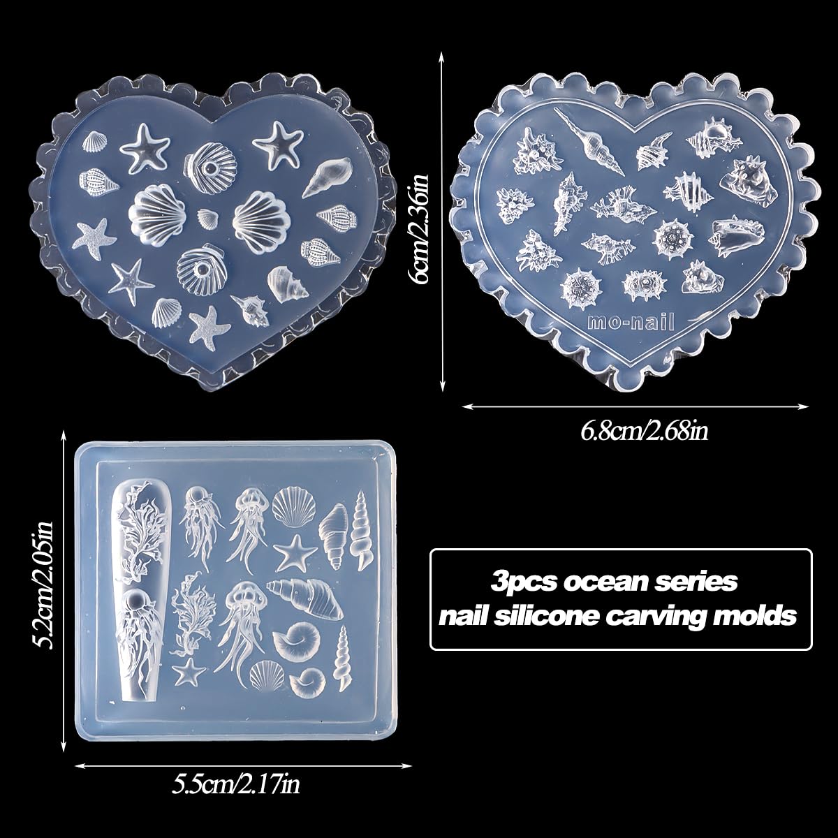 Heart shaped and rectangular transparent silicone carving templates with detailed seashell and jellyfish designs