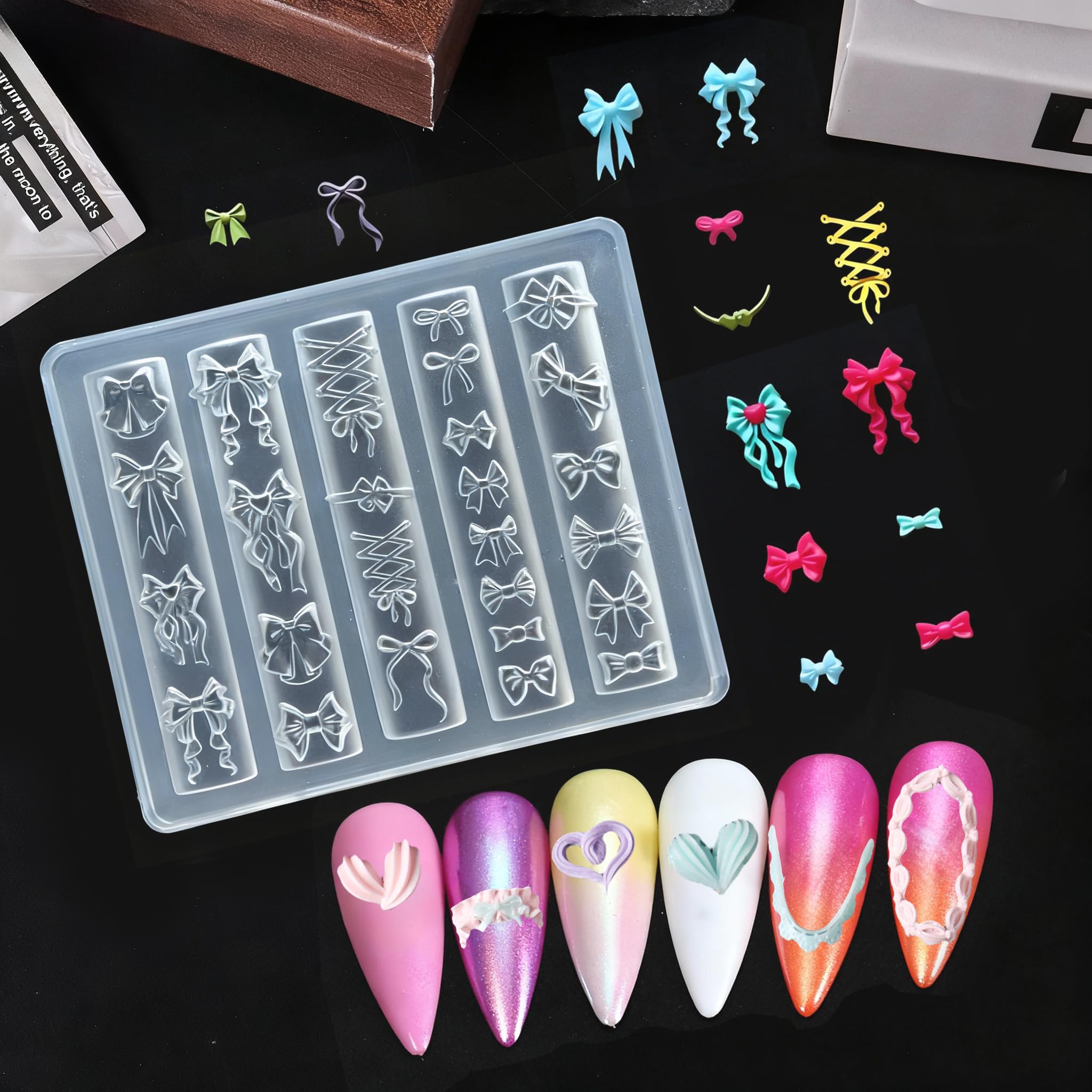 Clear flexible silicone nail mold with intricate French flower and heart carving patterns
