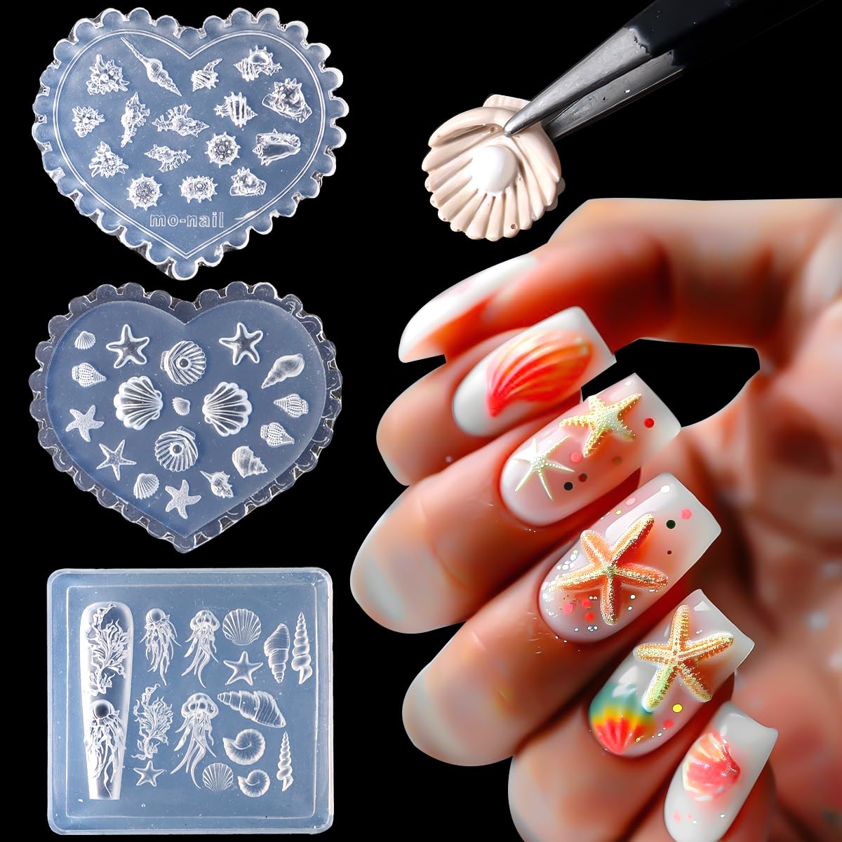 Summer beach style relief nail art decorations applied on a fresh manicure backdrop