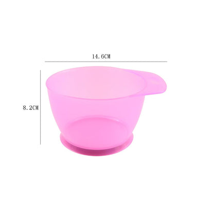 Four piece set of pink plastic hair dye bowls showing the convenient anti slip handle design