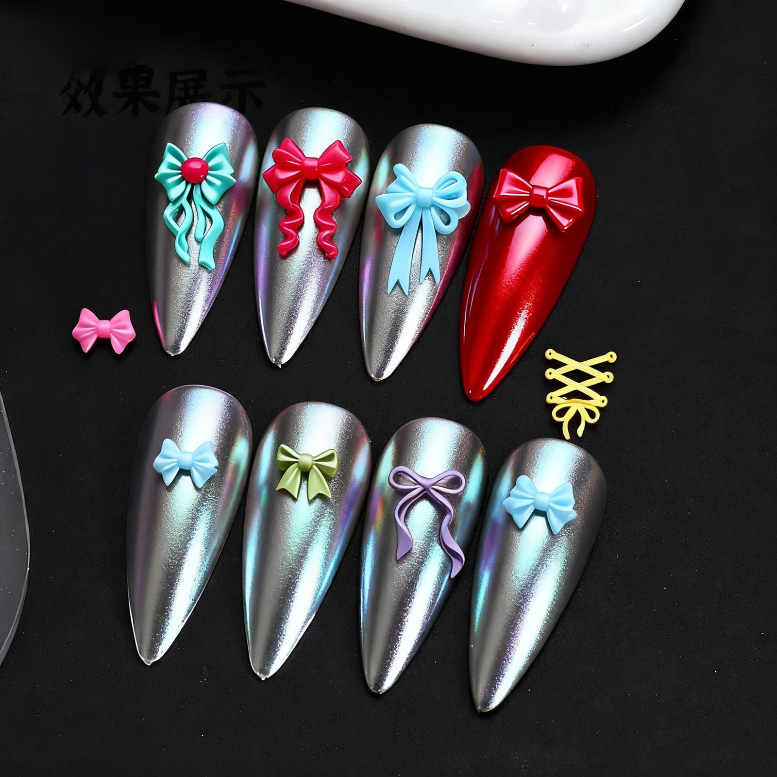Step by step process of filling transparent silicone nail molds with builder gel