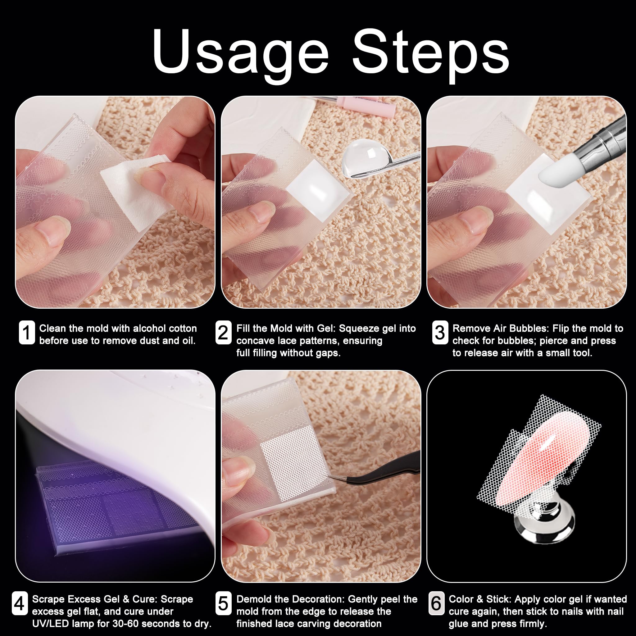 Completed 3D lace and bow nail decorations created using WOKOTO templates