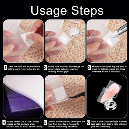Completed 3D lace and bow nail decorations created using WOKOTO templates
