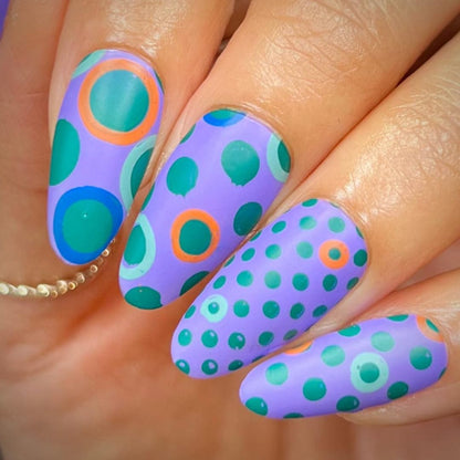 Authentic USA imported Maniology nail art template featuring classic retro dotted styles.