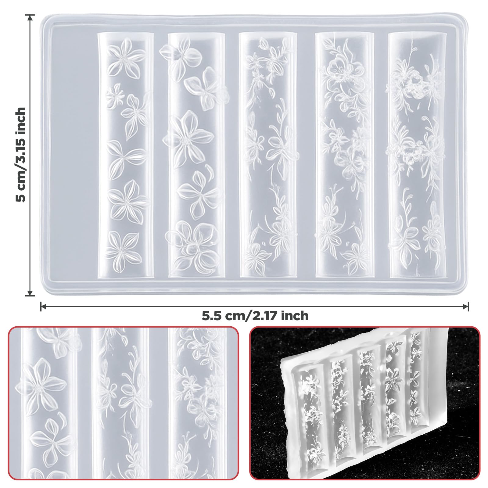 Close up view of the intricate floral and leaf cavities inside the clear silicone nail template.