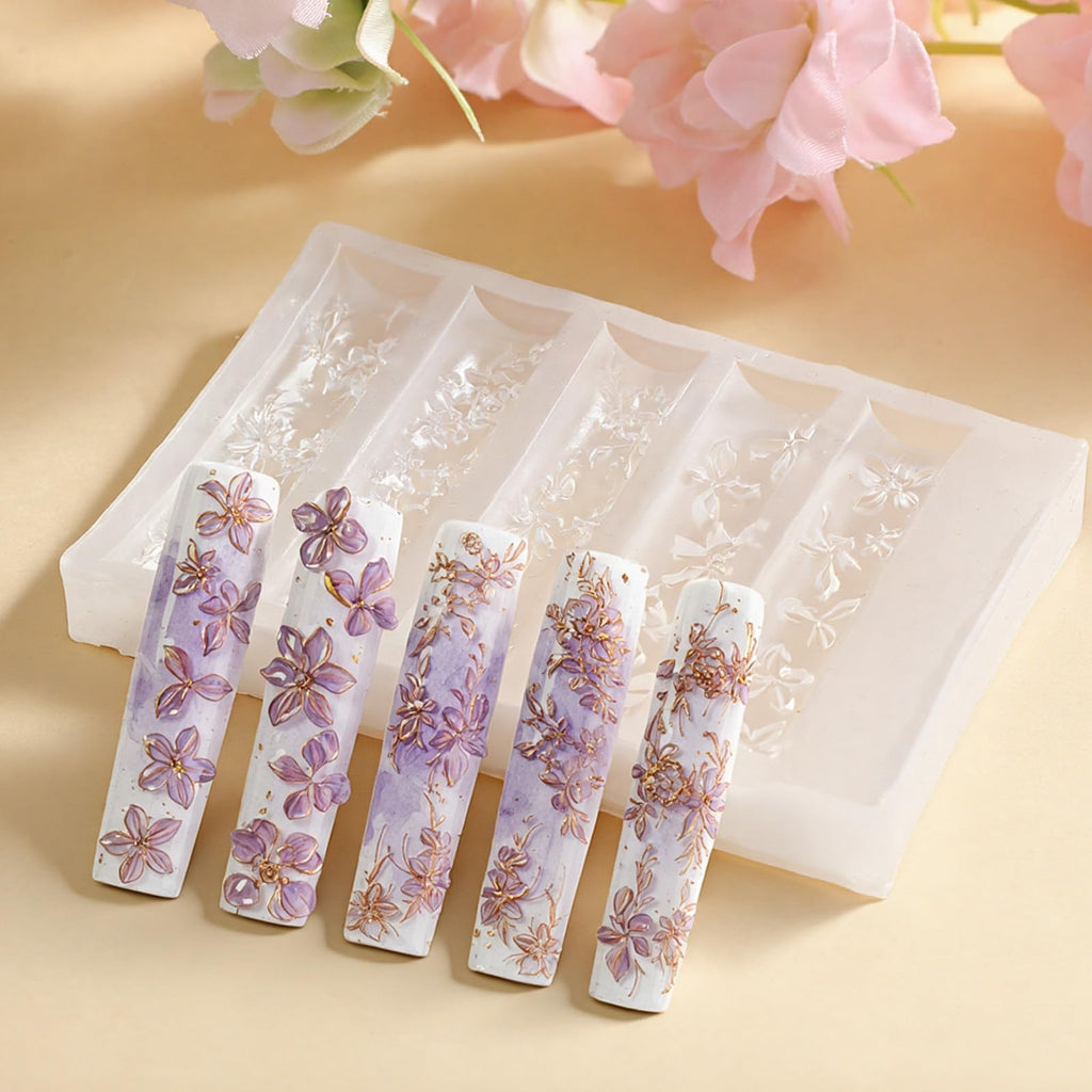 Full packaging view of the four piece Maycreate flower nail art template collection for salons.