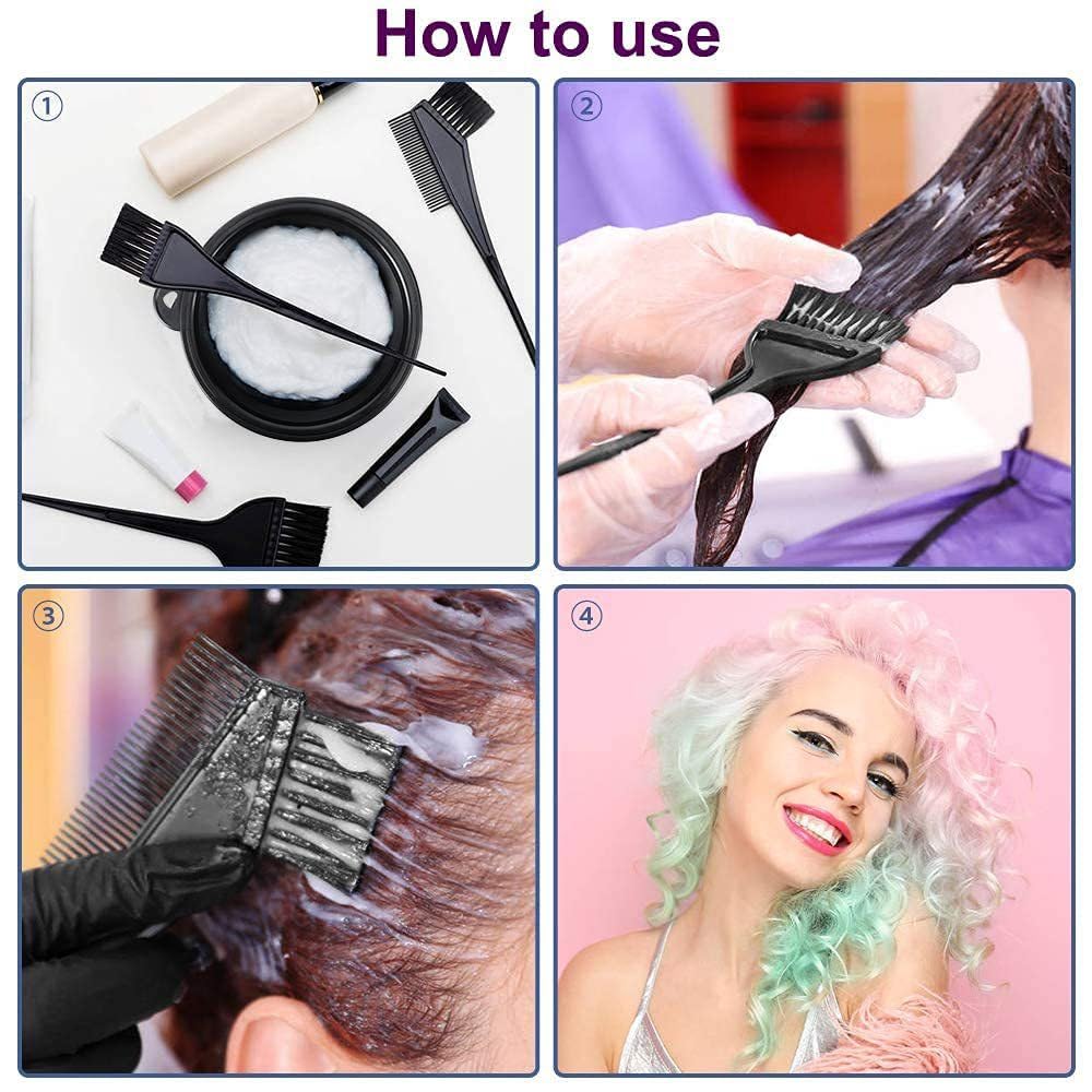 The full 16-piece salon hair dye tool arrangement including protective ear covers and sectioning clips.