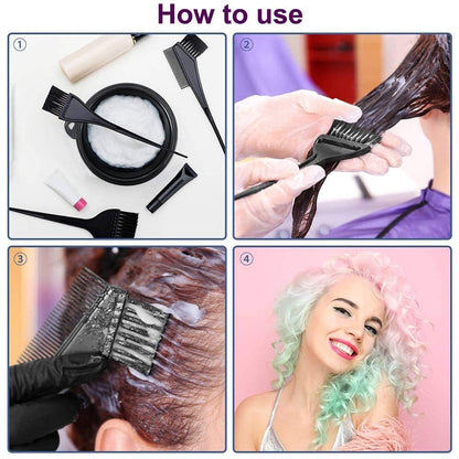 The full 16-piece salon hair dye tool arrangement including protective ear covers and sectioning clips.