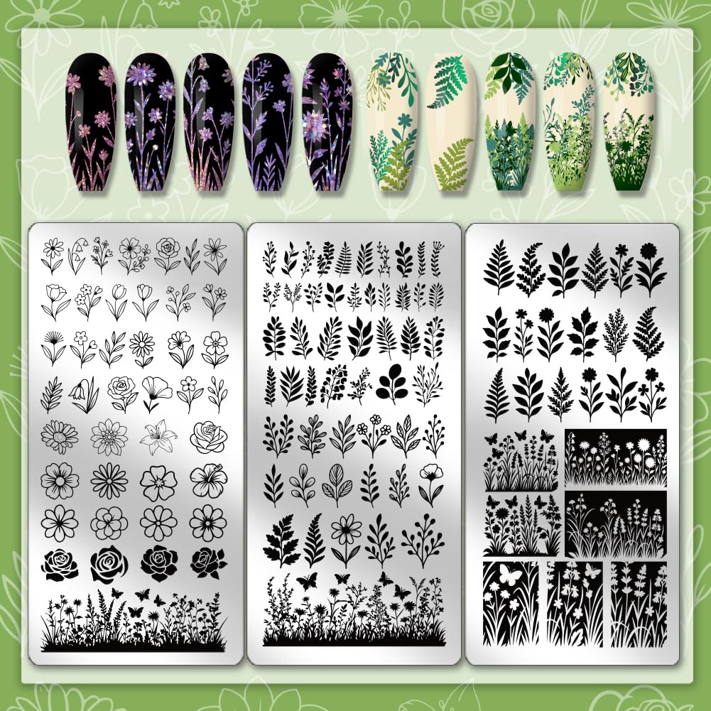 Three-piece set layout of the PH PandaHall floral nail art stencils showcasing the variety of leaf and bush elements.