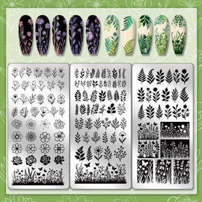 Three-piece set layout of the PH PandaHall floral nail art stencils showcasing the variety of leaf and bush elements.