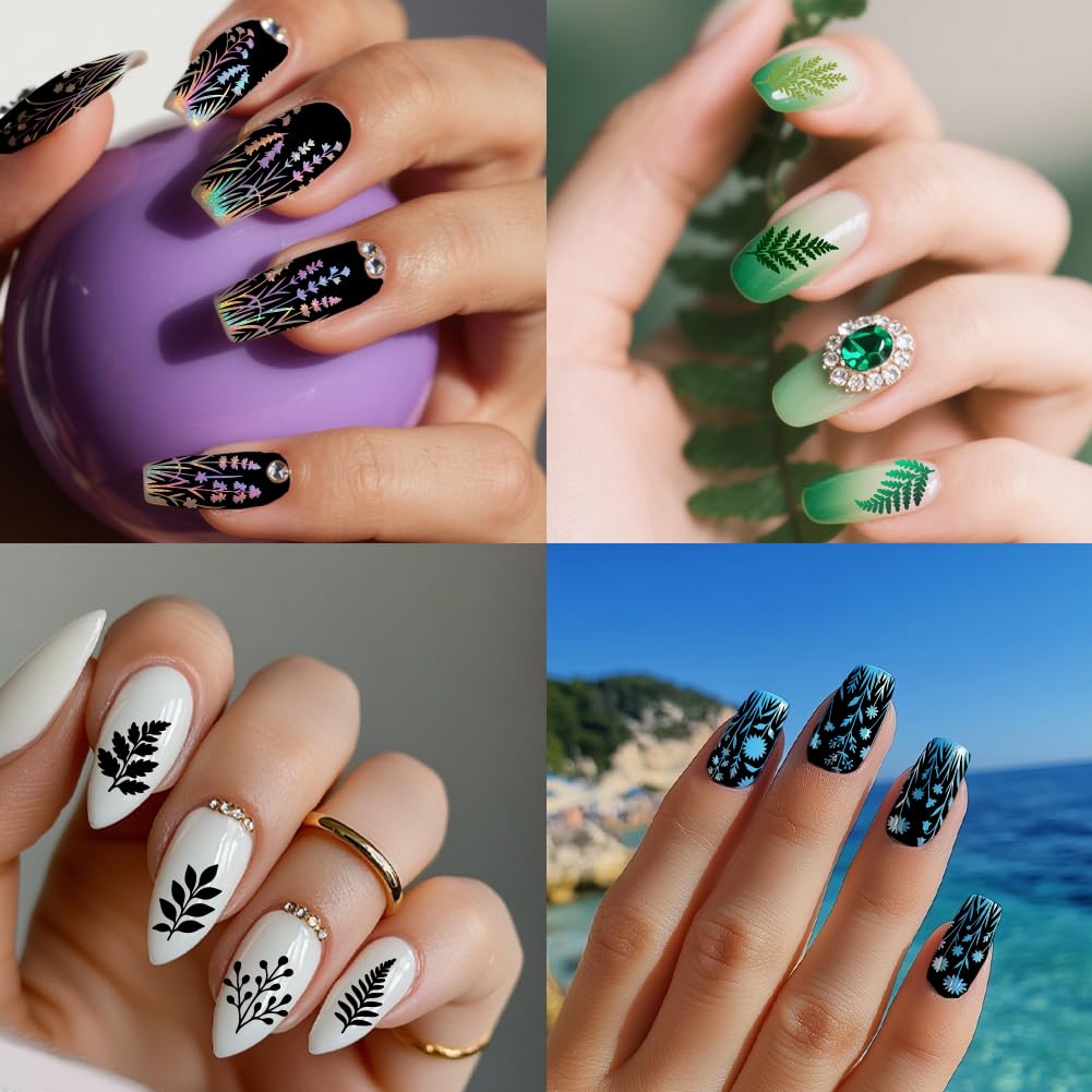 Side-by-side arrangement of the three reusable botanical nail stencils highlighting the diverse array of floral arrangements.