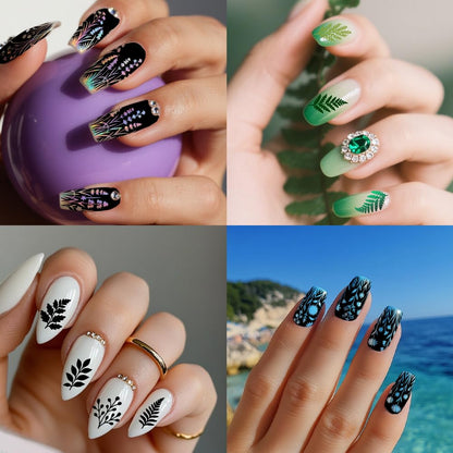 Side-by-side arrangement of the three reusable botanical nail stencils highlighting the diverse array of floral arrangements.