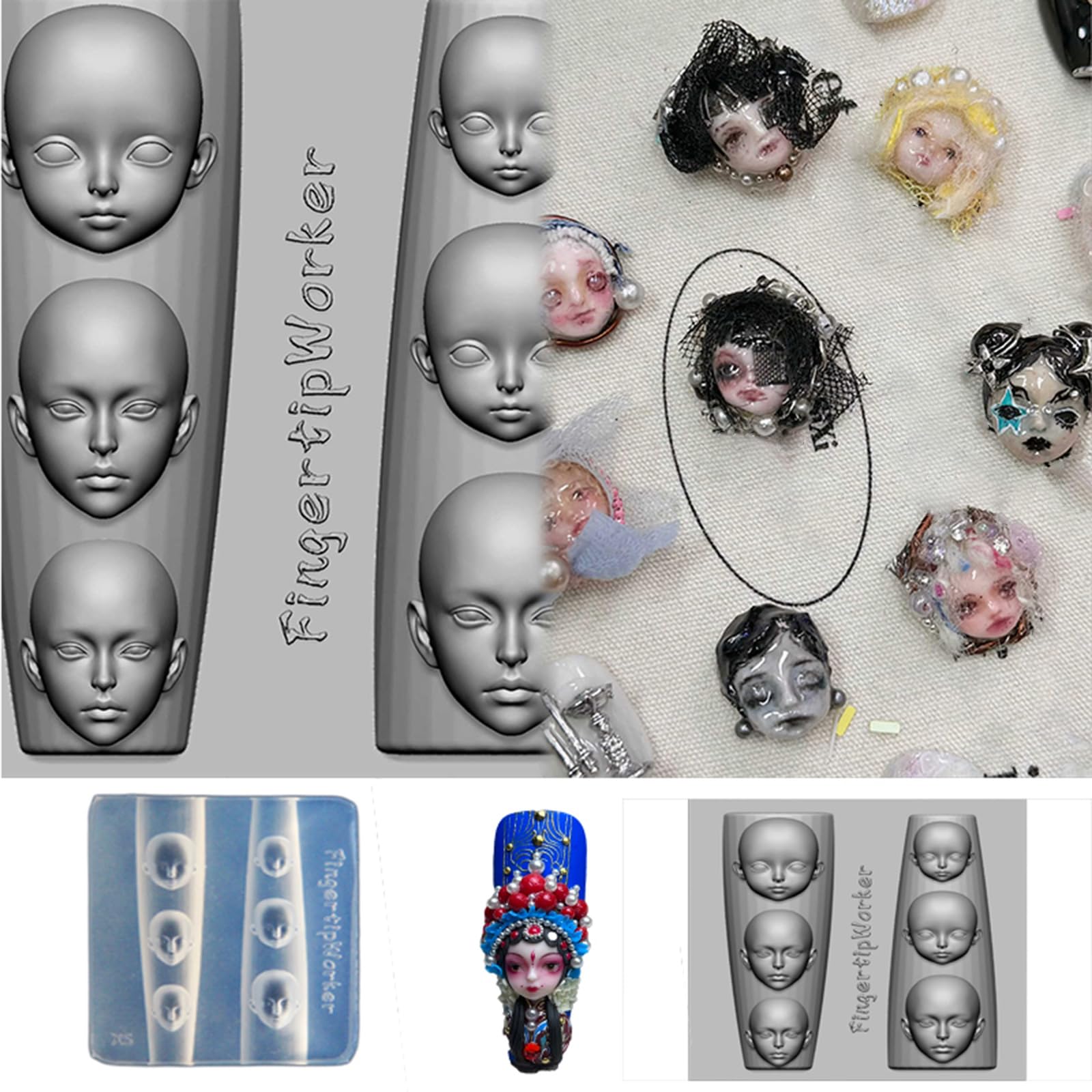 Detailed view of doll face shapes in silicone nail mold