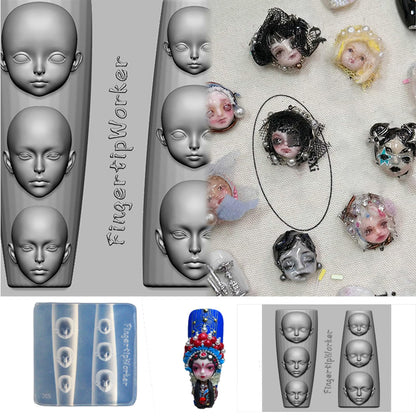 Detailed view of doll face shapes in silicone nail mold