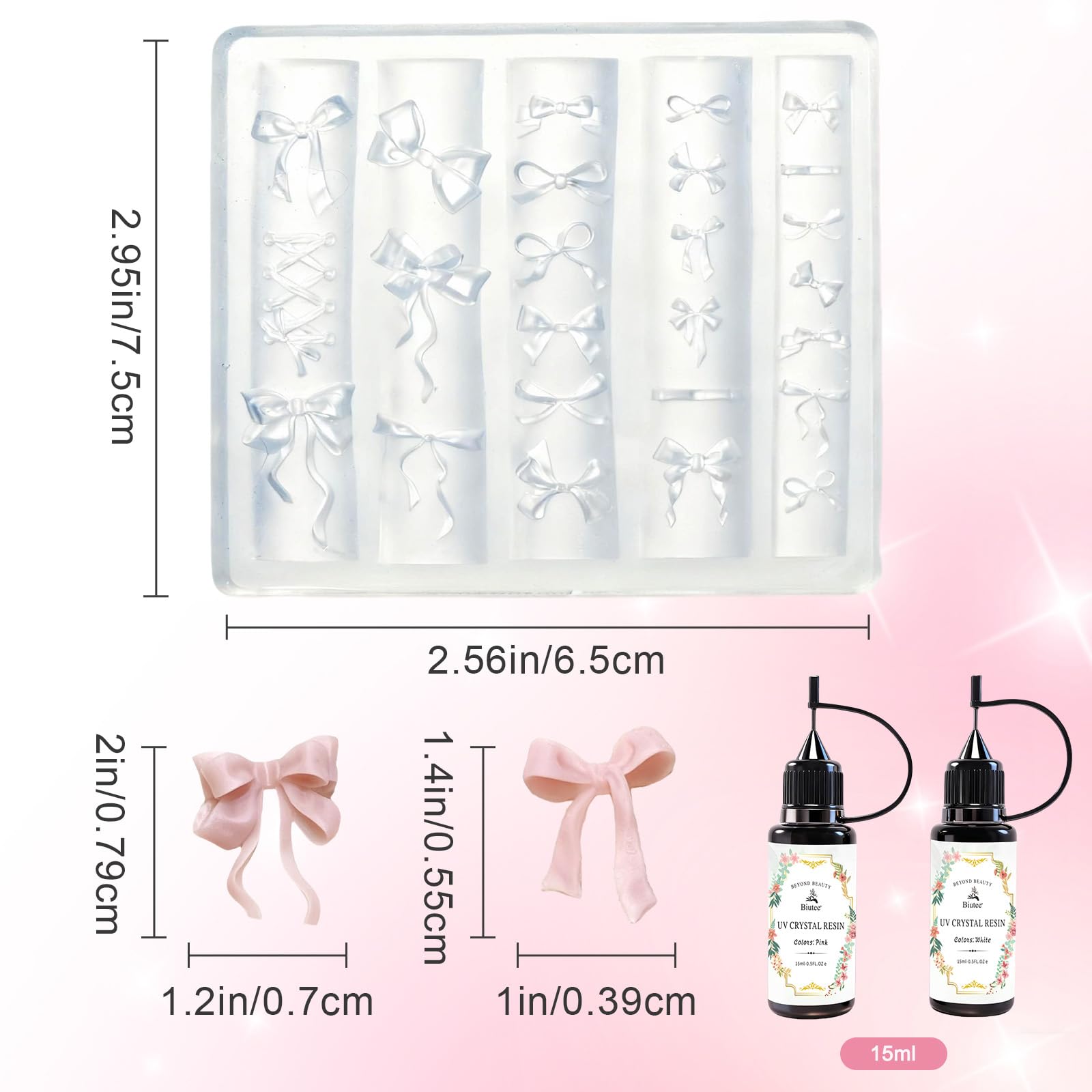 Clear 3D gel nail art sculpture bow mold filled with pink and white UV resin for manicures.