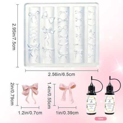 Clear 3D gel nail art sculpture bow mold filled with pink and white UV resin for manicures.