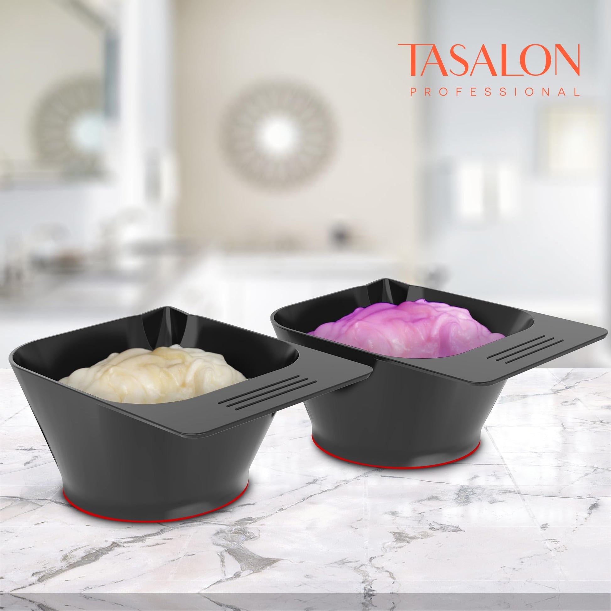 Two black rounded square professional hair styling bowls side by side