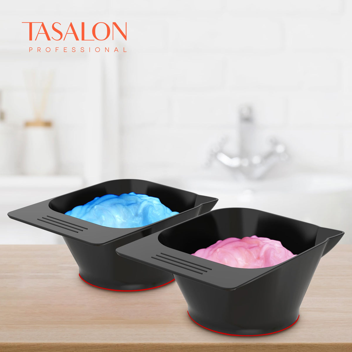 TASALON hair tinting bowls attached securely to a barber station cart tray