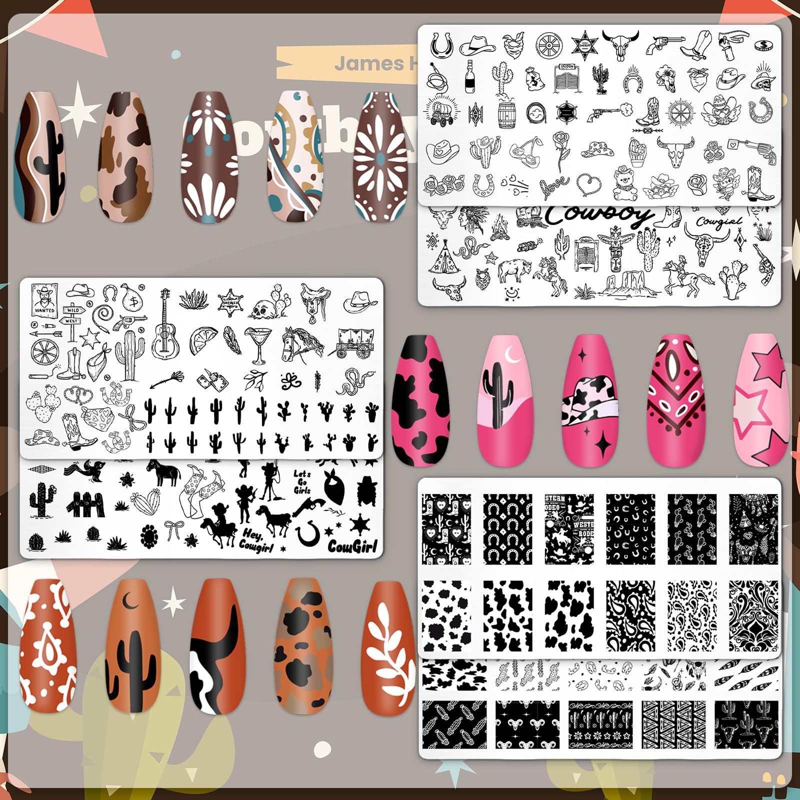 Six pieces of Whaline western theme nail stencils displaying cactus and boot designs