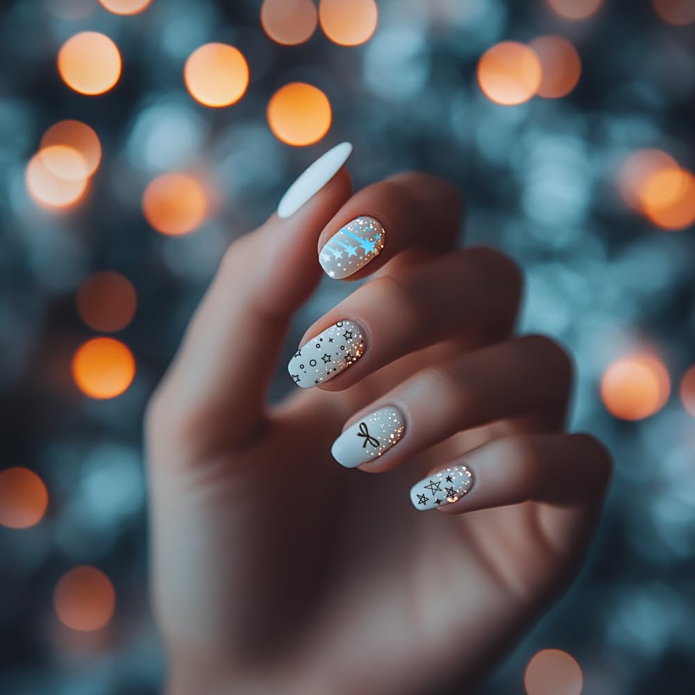 PH PandaHall DIY nail printing templates demonstrating star and bow shapes for home manicures