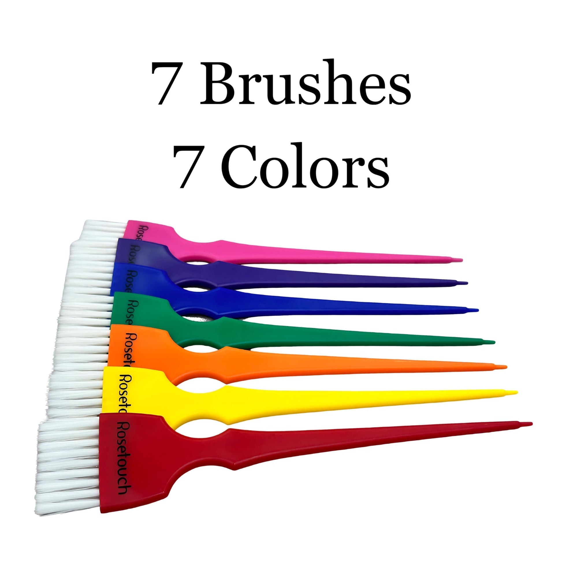 Full collection of seven distinct pastel rainbow tint bowls and long handled applicator brushes arranged on a countertop