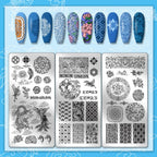 Sample manicure display featuring blue floral pottery texture designs created with these stencils.