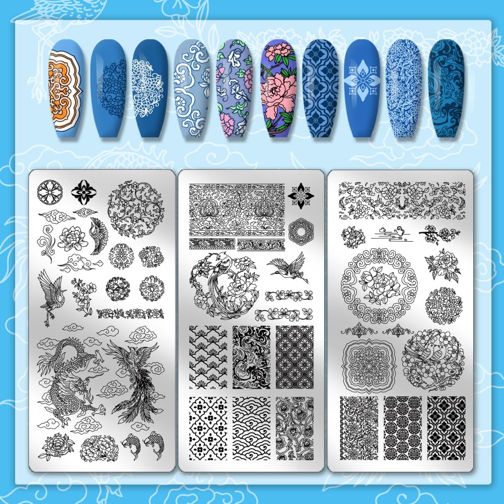 Sample manicure display featuring blue floral pottery texture designs created with these stencils.