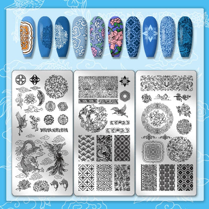 Sample manicure display featuring blue floral pottery texture designs created with these stencils.