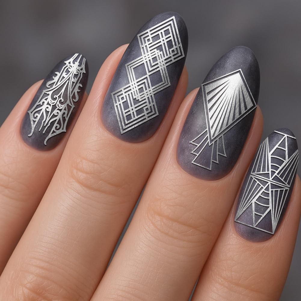 Intricate geometric nail art design templates for UV gel extensions and natural nails.