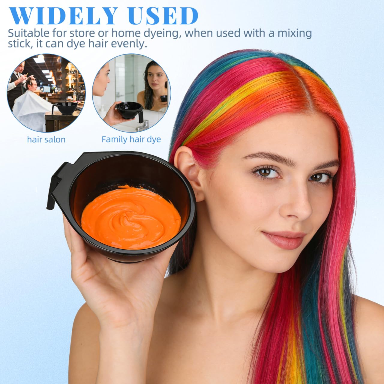 Five piece black plastic hair coloring bowls stacked together for salon use