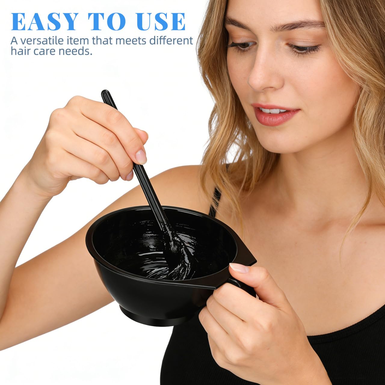 Side profile of the professional plastic hair dye mixing bowl with built in handle