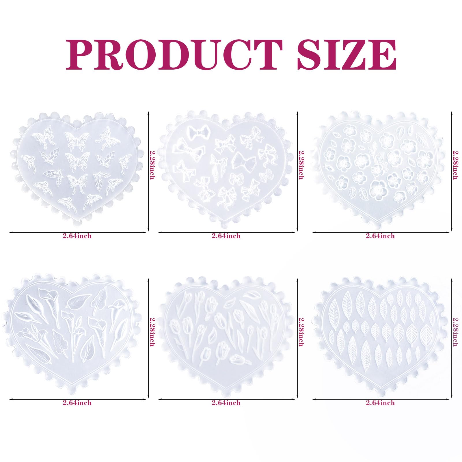 Six pieces of flexible silicone nail charms molds featuring butterfly and bow designs.