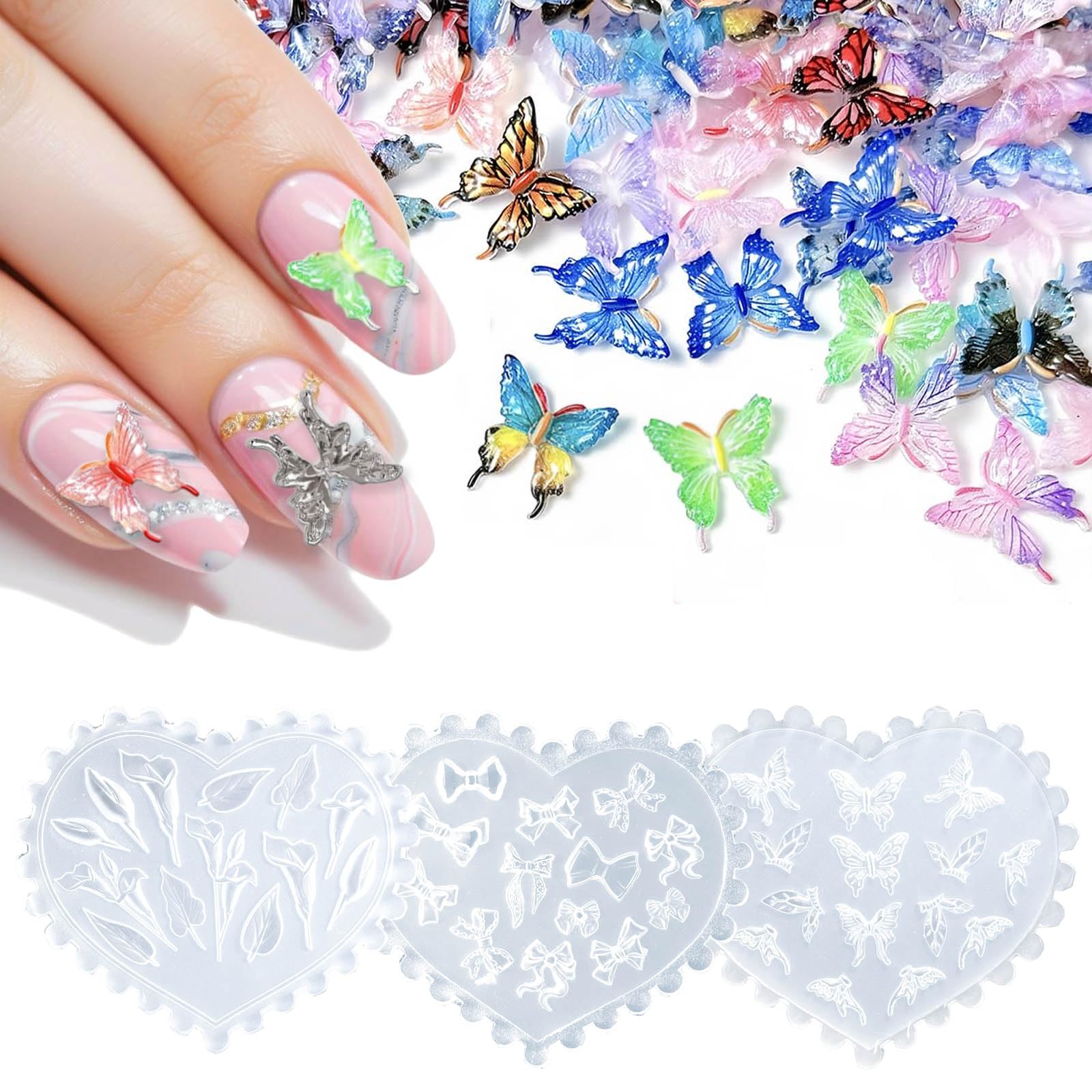 Demonstration of a completed 3D floral nail charm next to the heart shaped resin mold.