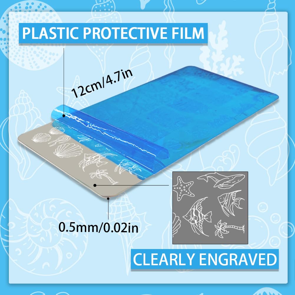 Stainless steel nail art templates featuring detailed mermaid and dolphin engravings close up view.