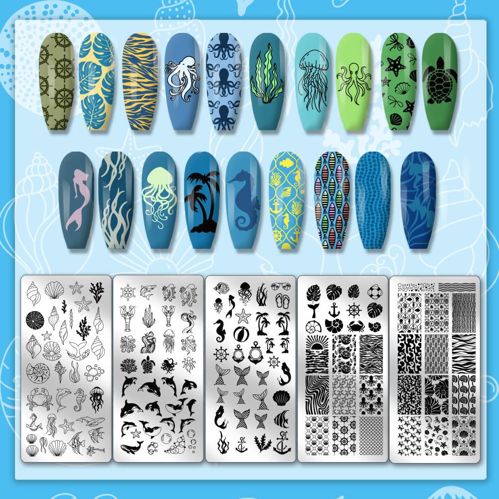 Summer manicure sea animal patterns on rectangular metal stencils for professional nail stamping.