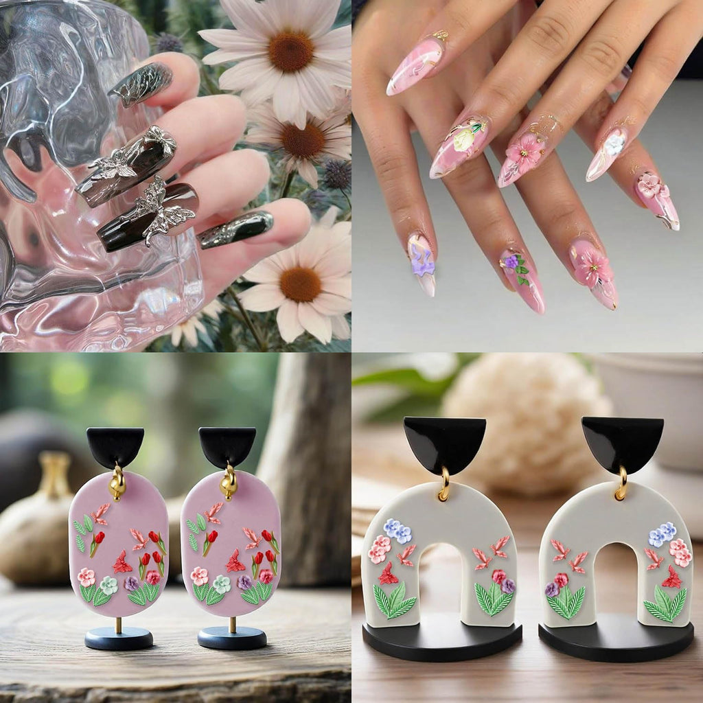 Various sizes of butterfly and flower miniature shapes inside the professional nail salon supplies.