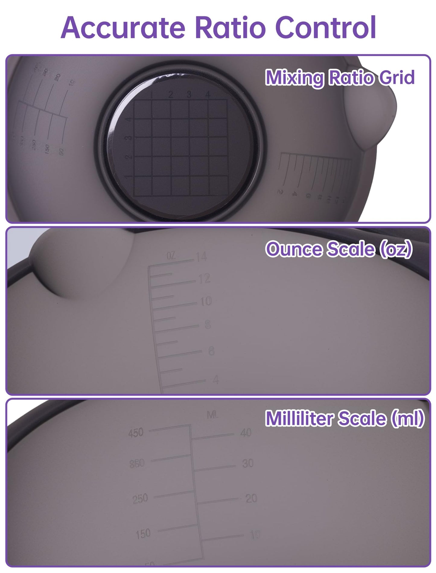 Close up of the interior measurement markings and pour spout on the NiHome hair color mixing bowl.