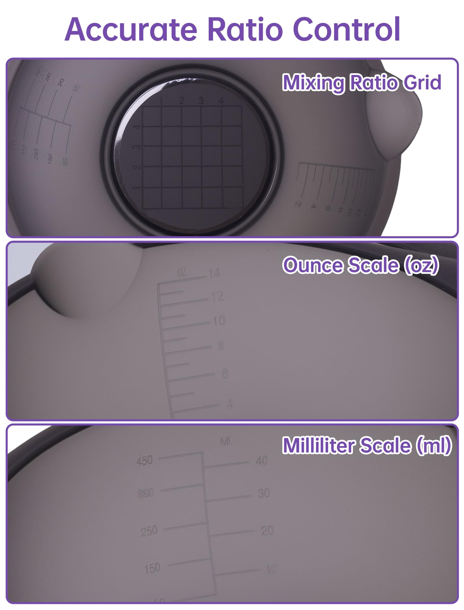 Close up of the interior measurement markings and pour spout on the NiHome hair color mixing bowl.