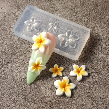 Four rectangular transparent flower molds arranged neatly alongside a finished 3D manicure