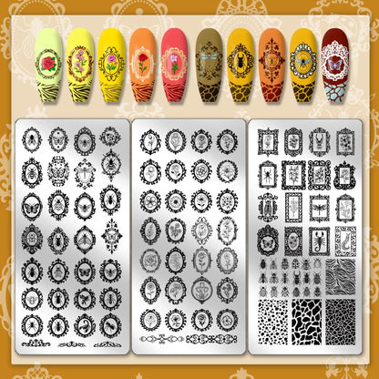 PH PandaHall nail art plates displayed alongside the included silicone stamper and scraper tool