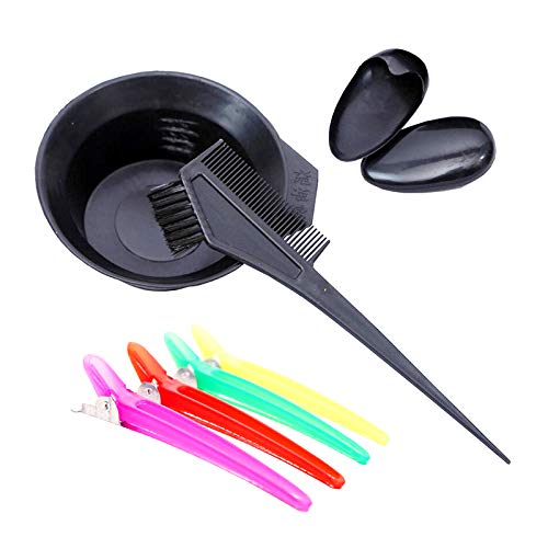 Stackable polypropylene hair dye bowls and soft bristle applicator brushes close up