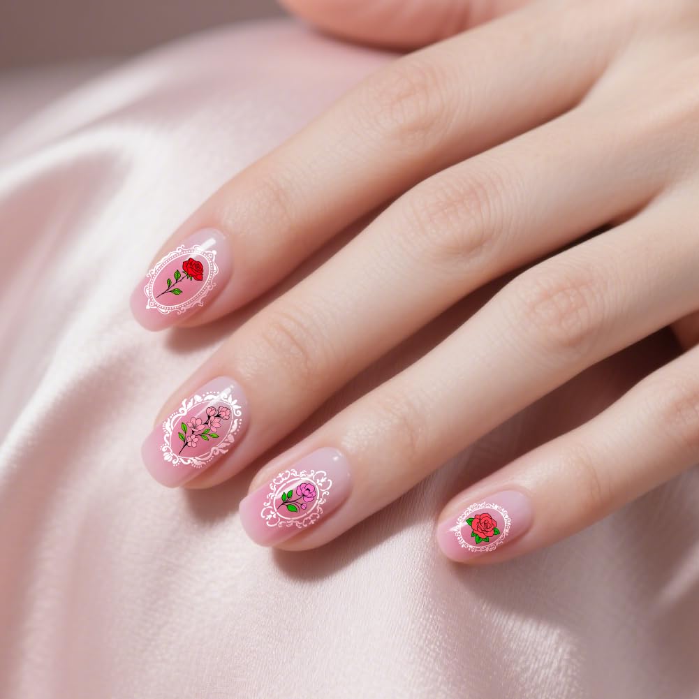 Beautifully finished floral manicure achieved using the PH PandaHall vintage picture frame stencils