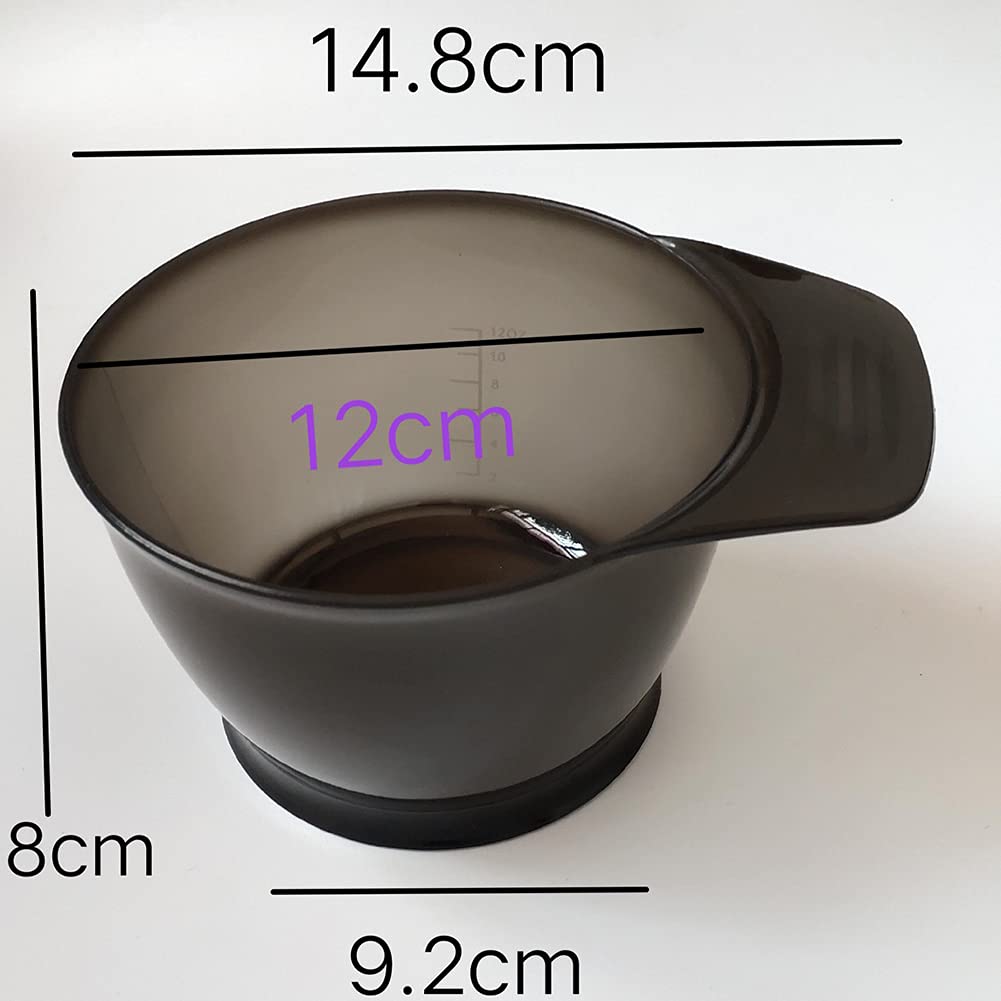 Transparent black plastic hair dye bowls showing the integrated handle design.