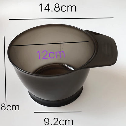 Transparent black plastic hair dye bowls showing the integrated handle design.