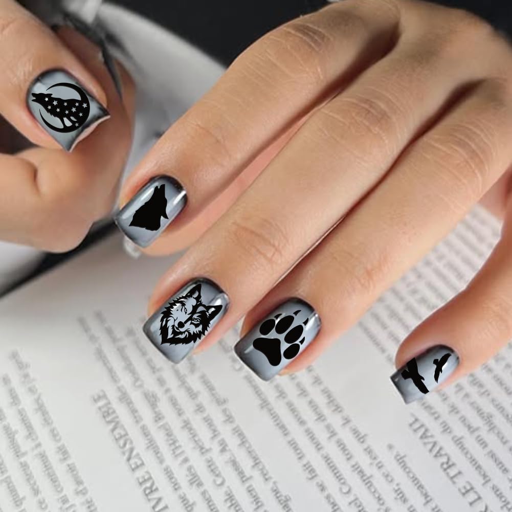 Forest scenery and moon phases patterns etched on professional manicure plates