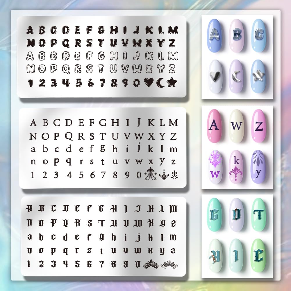 Three stainless steel nail stamping plates with various alphabet fonts