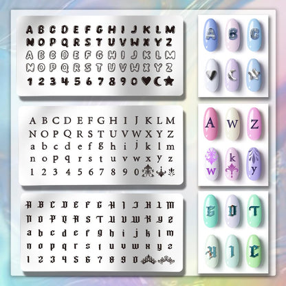 Three stainless steel nail stamping plates with various alphabet fonts