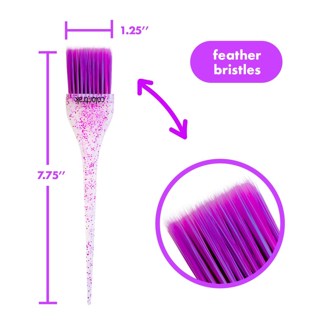 Colortrak sparkling mini hair color brushes in Sassy Pink Electric Blue and Royal Purple highlighting the ultra soft feather bristles